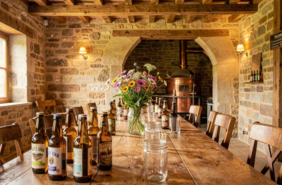 Intérieur rustique de la brasserie artisanale L'Étincelle dans l'Ain avec des bières locales sur une grande table en bois