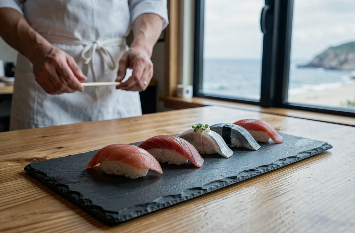 Assiette de nigiri sushi sur ardoise dans un restaurant japonais à Saint-Jean-de-Luz