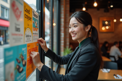 Femme professionnelle accrochant une affiche colorée dans un restaurant urbain