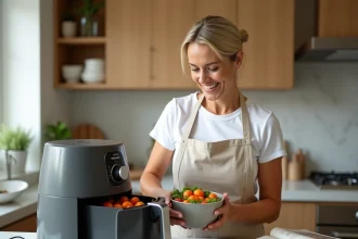 Femme utilisant un airfryer Philips pour cuisiner des surgelés avec un livre de recettes ouvert sur le comptoir