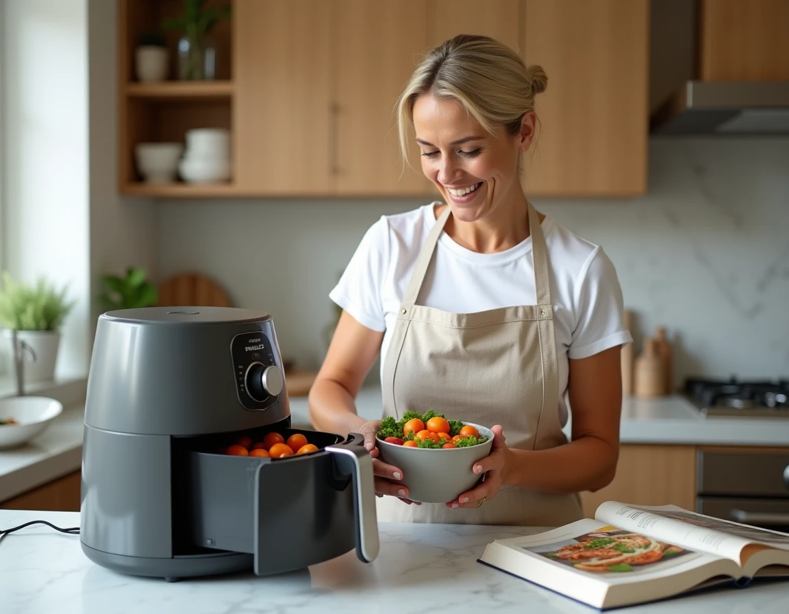 Femme utilisant un airfryer Philips pour cuisiner des surgelés avec un livre de recettes ouvert sur le comptoir