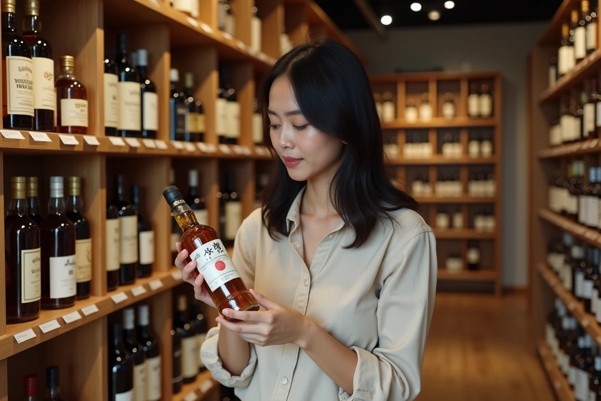 Femme examinant une bouteille de whisky dans une boutique spécialisée avec rayonnages de whiskies japonais et écossais