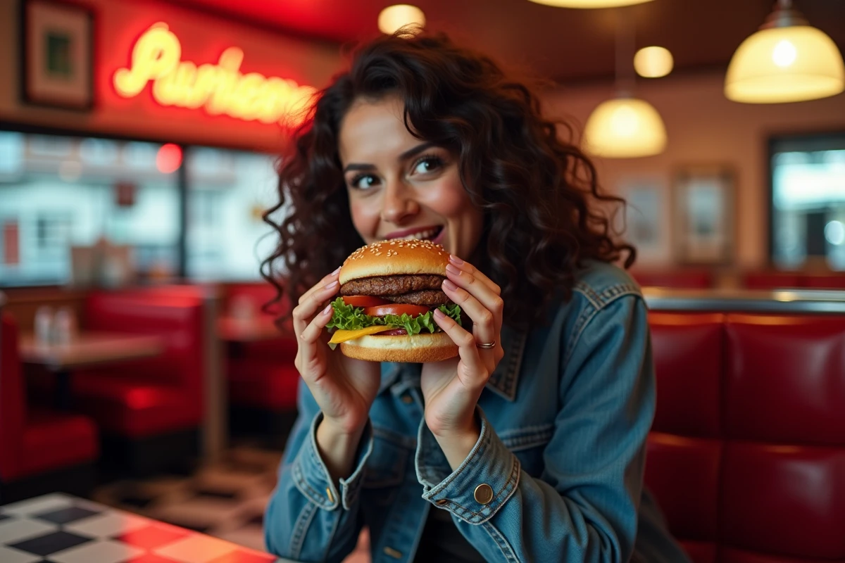 Jeune femme dégustant un burger dans un diner vintage de New York avec sol en carrelage noir et blanc