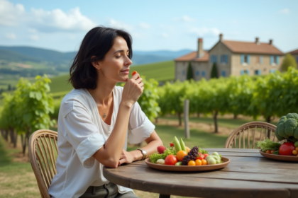 Femme méditative dégustant légumes frais dans la campagne française