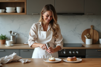 Femme utilisant un siphon à chantilly pour décorer un dessert
