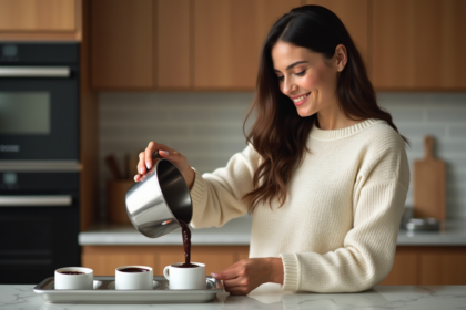 Femme versant chocolat fondu dans un ramequin en cuisine chaleureuse