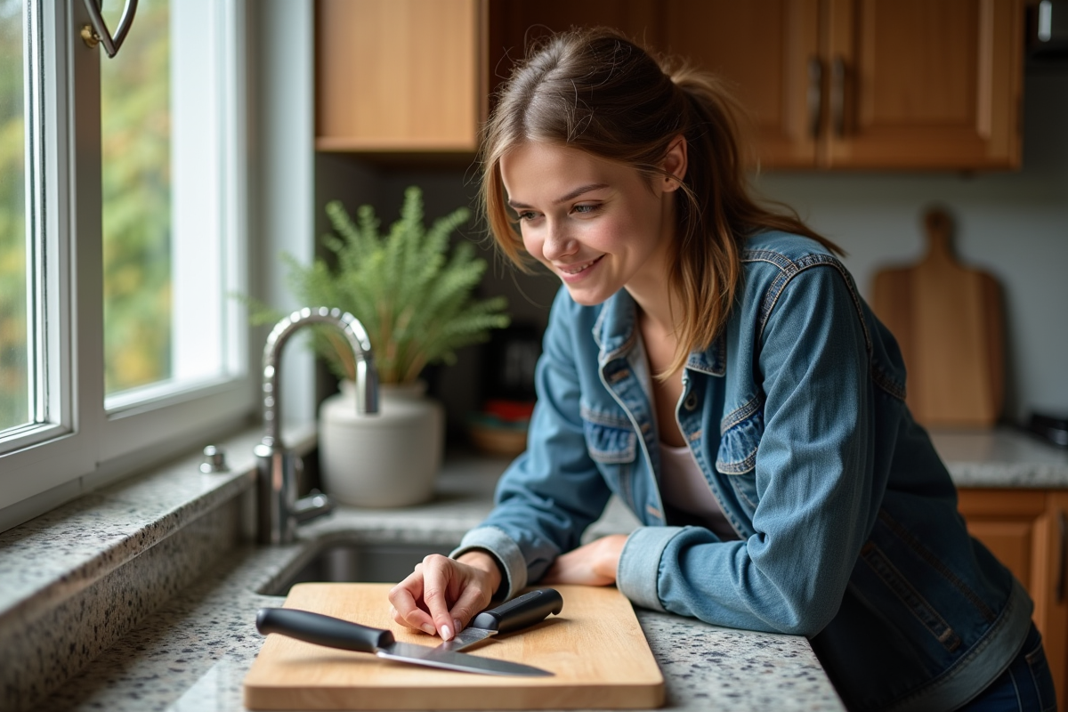 Jeune femme inspectant des couteaux dans la cuisine