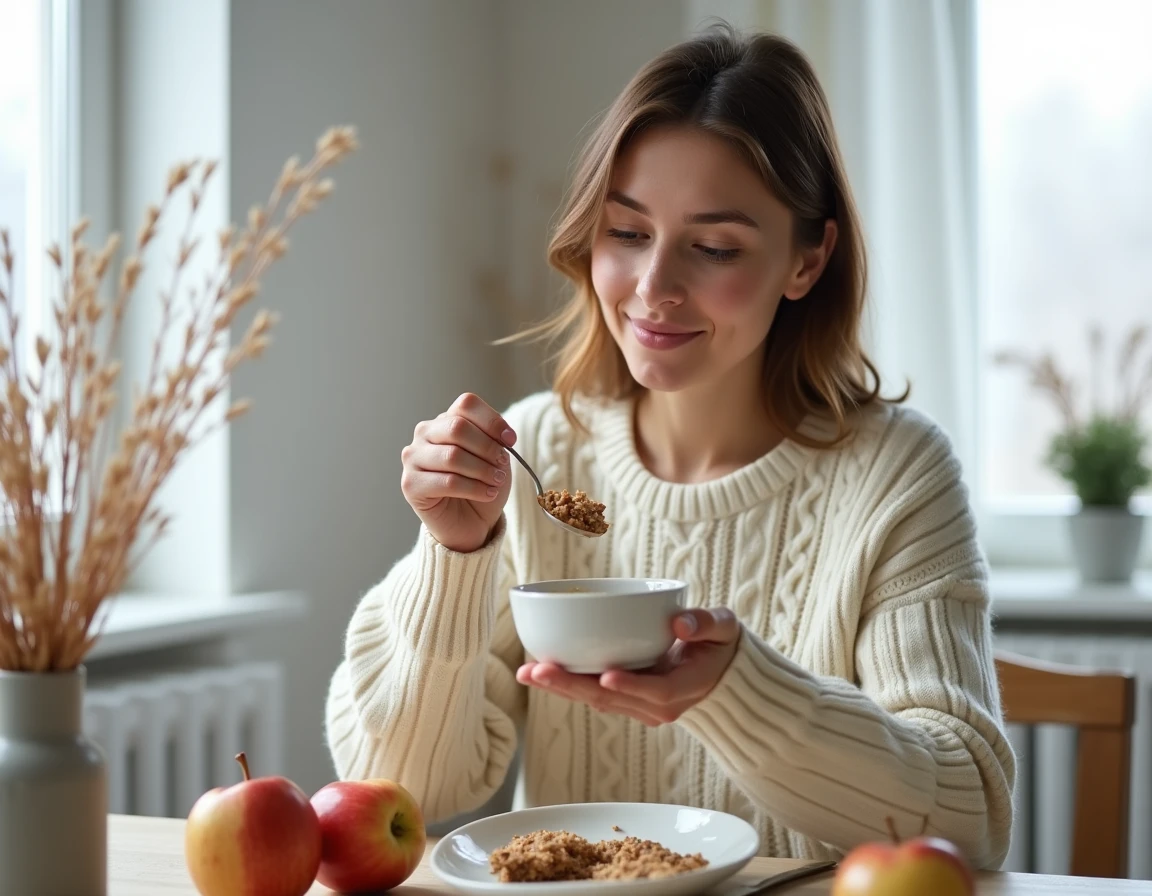 Jeune femme dégustant un crumble léger pommes cannelle dans un ramekin, ambiance intérieure scandinave chaleureuse