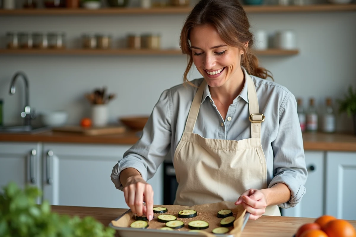 Femme en tablier de lin disposant des aubergines tranchées