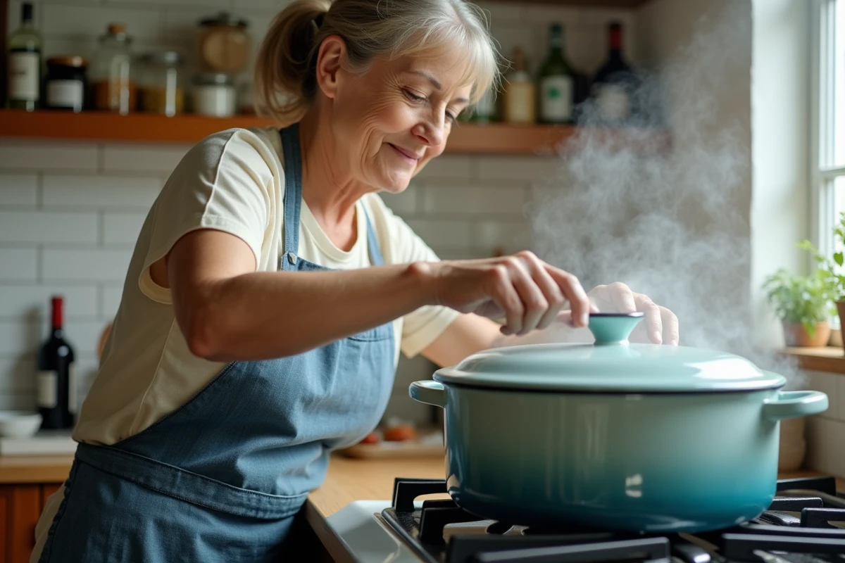 Femme cuisinant des cuisses de canard à la cocotte sur une gazinière dans une cuisine familiale authentique un dimanche