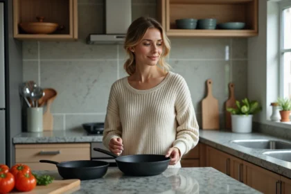 Femme examinant un set de fonte dans la cuisine