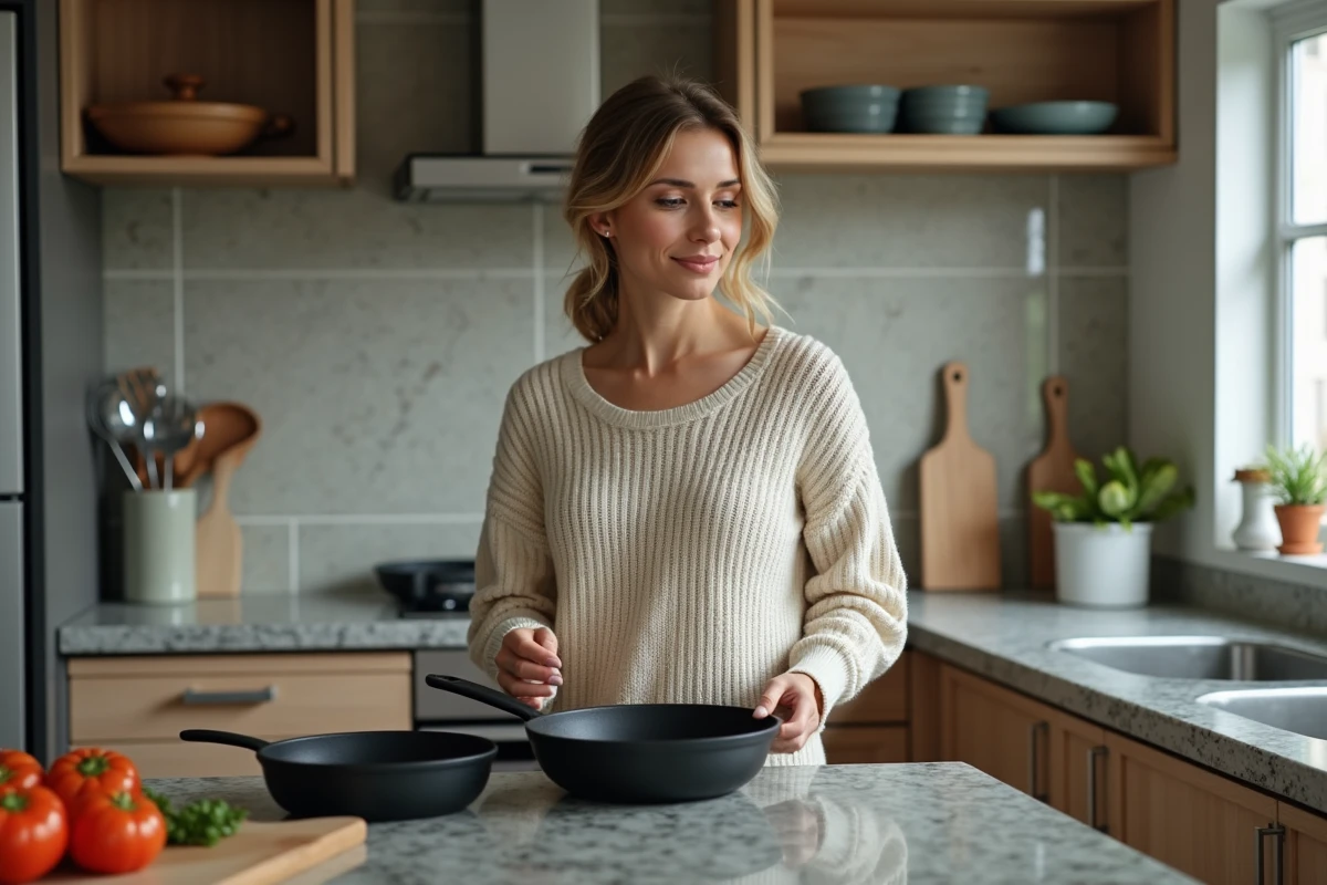 Femme examinant un set de fonte dans la cuisine