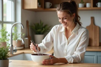 Femme en cuisine préparant une crème pâtissière au chocolat