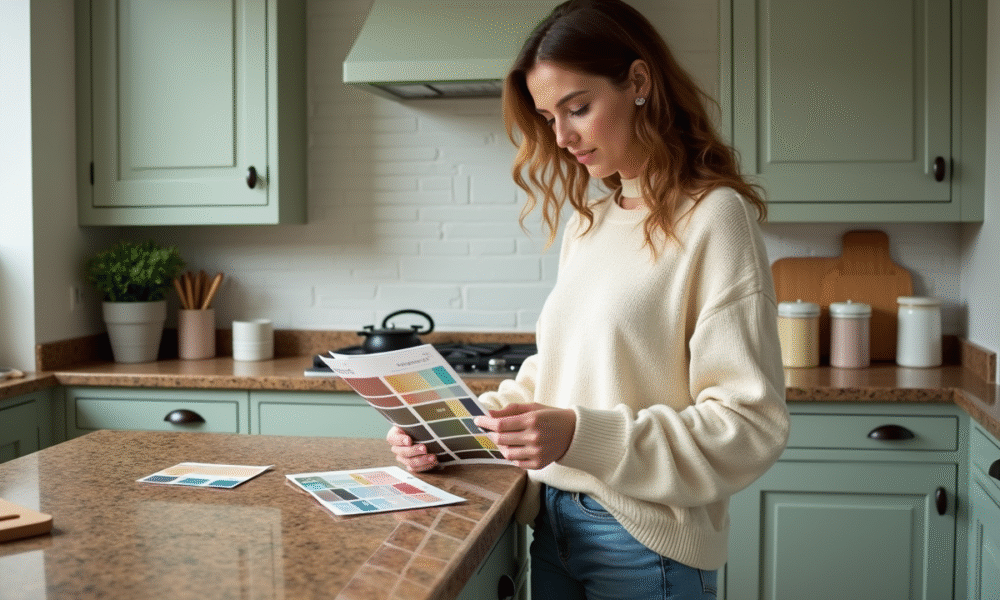Femme en cuisine examinant un échantillon de couleurs