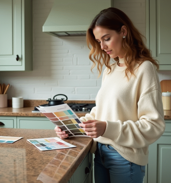 Femme en cuisine examinant un échantillon de couleurs