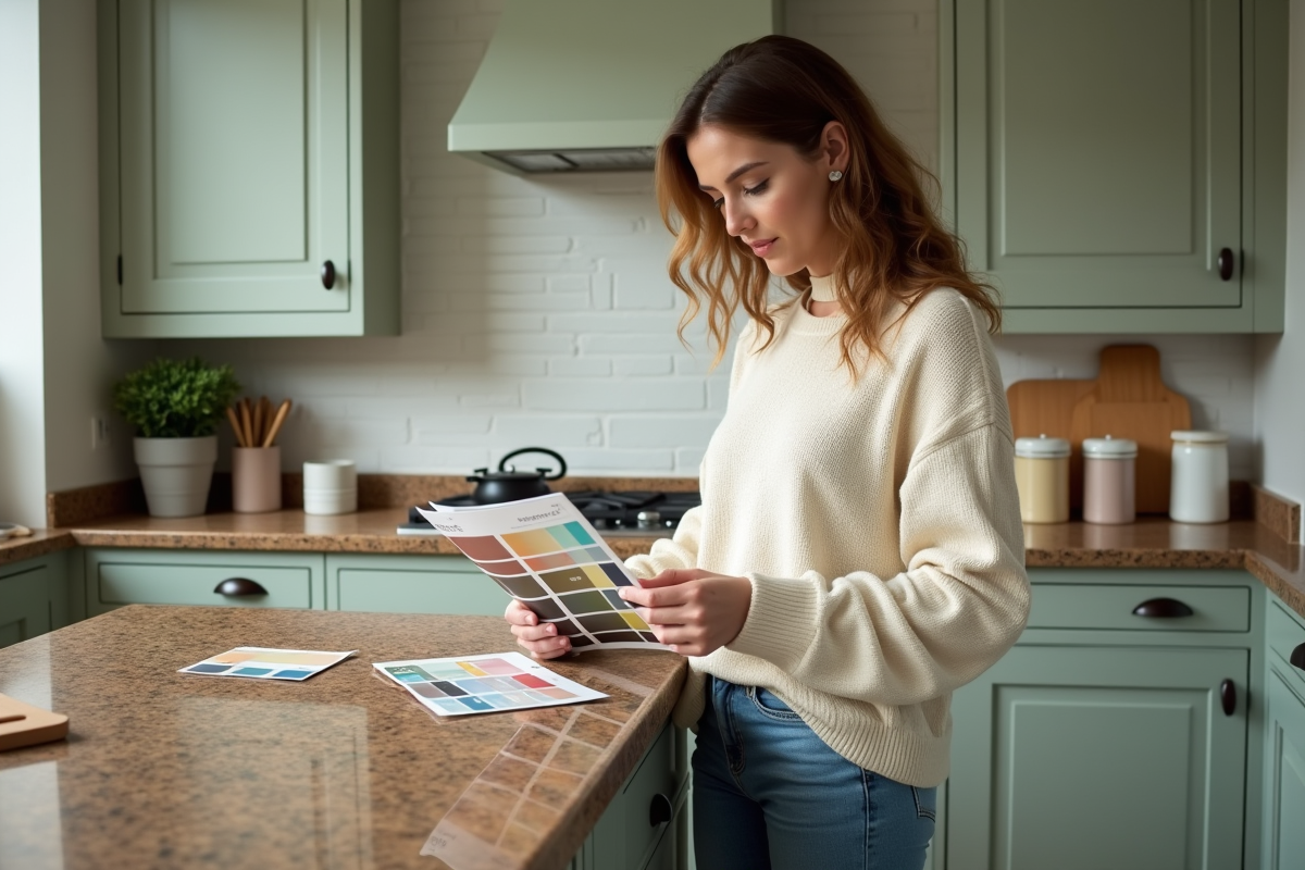 Femme en cuisine examinant un échantillon de couleurs