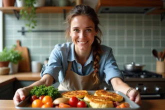 Femme en cuisine avec plat de poulet et légumes dorés