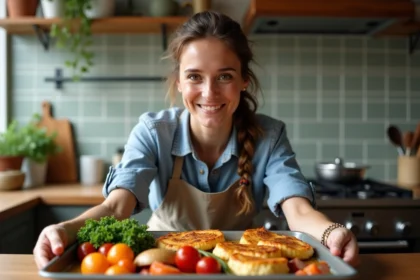 Femme en cuisine avec plat de poulet et légumes dorés