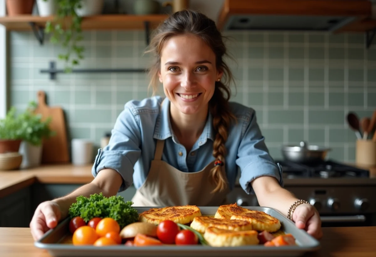 Femme en cuisine avec plat de poulet et légumes dorés