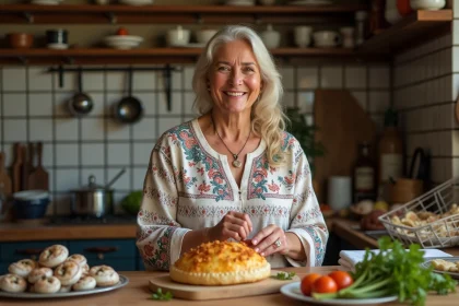 Femme maghrebine garnissant une pastilla dorée dans la cuisine