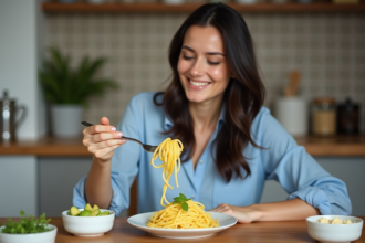 Femme souriante cuisine pâtes keto dans la cuisine