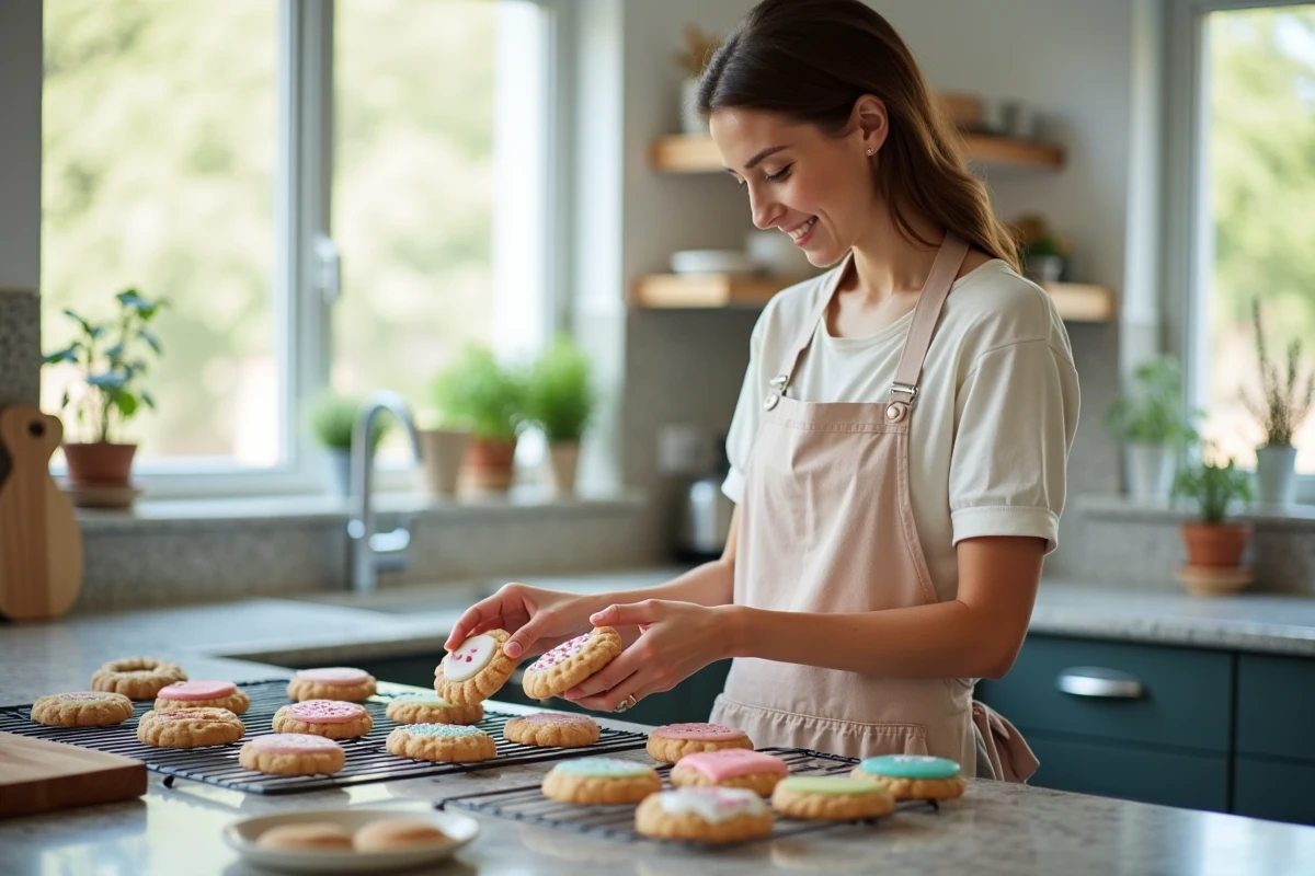 Femme souriante préparant des cookies dans la cuisine lumineuse