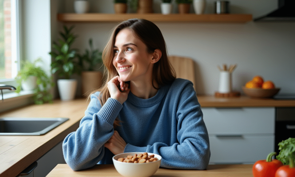 Femme souriante dans sa cuisine saine et chaleureuse