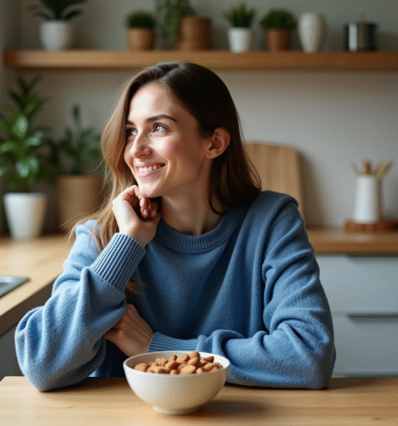 Femme souriante dans sa cuisine saine et chaleureuse