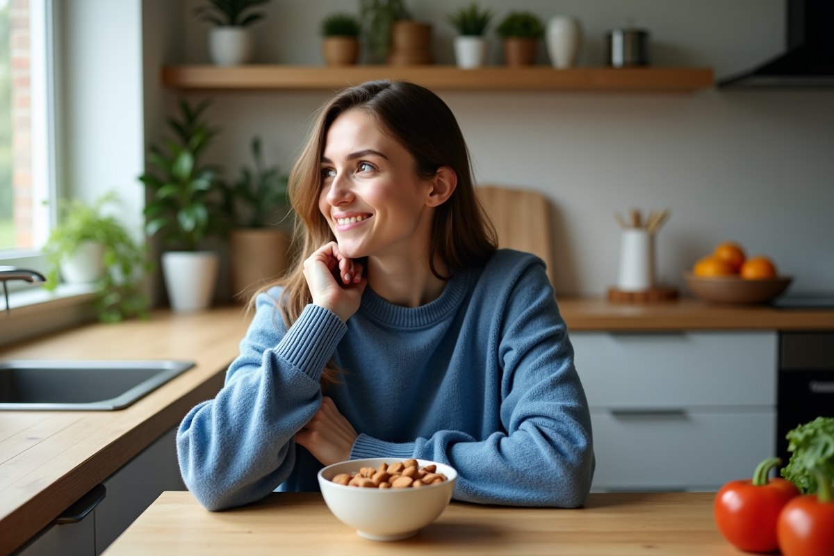 Femme souriante dans sa cuisine saine et chaleureuse