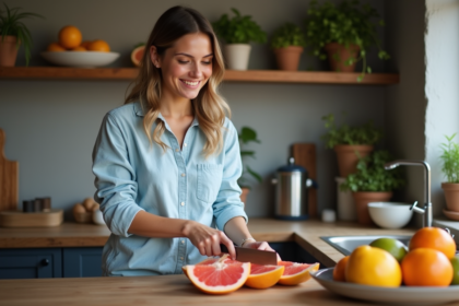 Jeune femme souriante coupant un citron dans la cuisine
