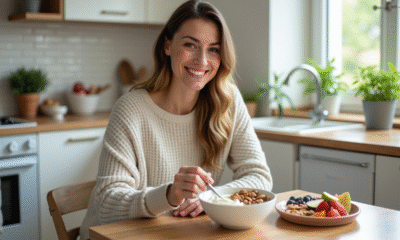 Femme souriante préparant un snack sain dans la cuisine