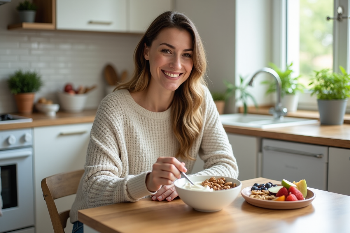 Femme souriante préparant un snack sain dans la cuisine