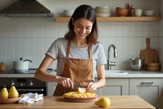 Femme souriante préparant une tarte aux poires dans la cuisine