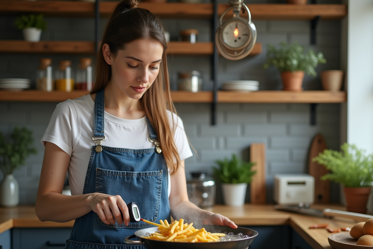 Jeune femme cuisinant des frites dans sa cuisine maison