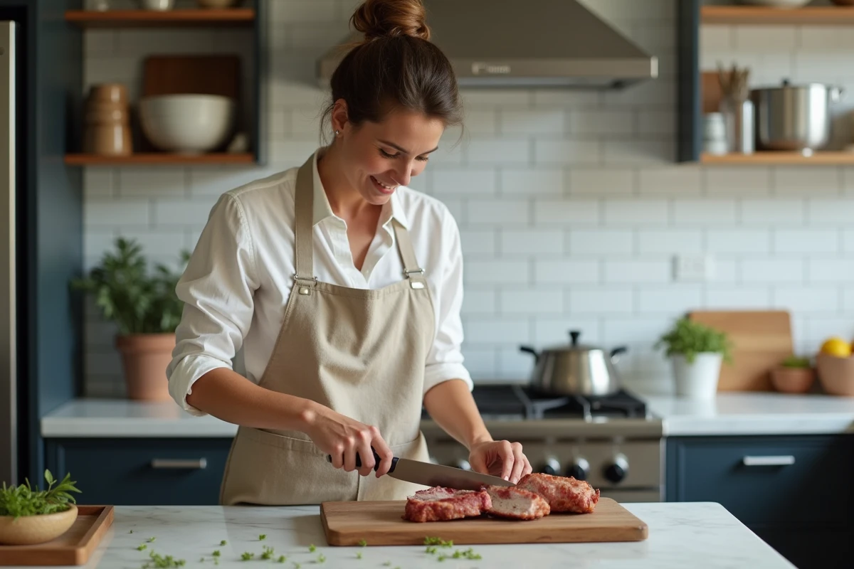 Femme découpant un rôti de porc juteux dans une cuisine moderne après cuisson à l'airfryer