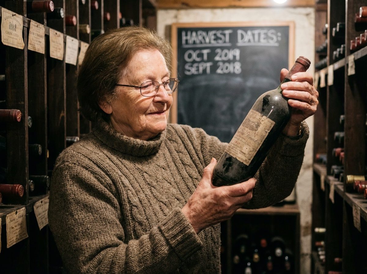 Femme âgée examinant une bouteille de vin dans une cave chaleureuse