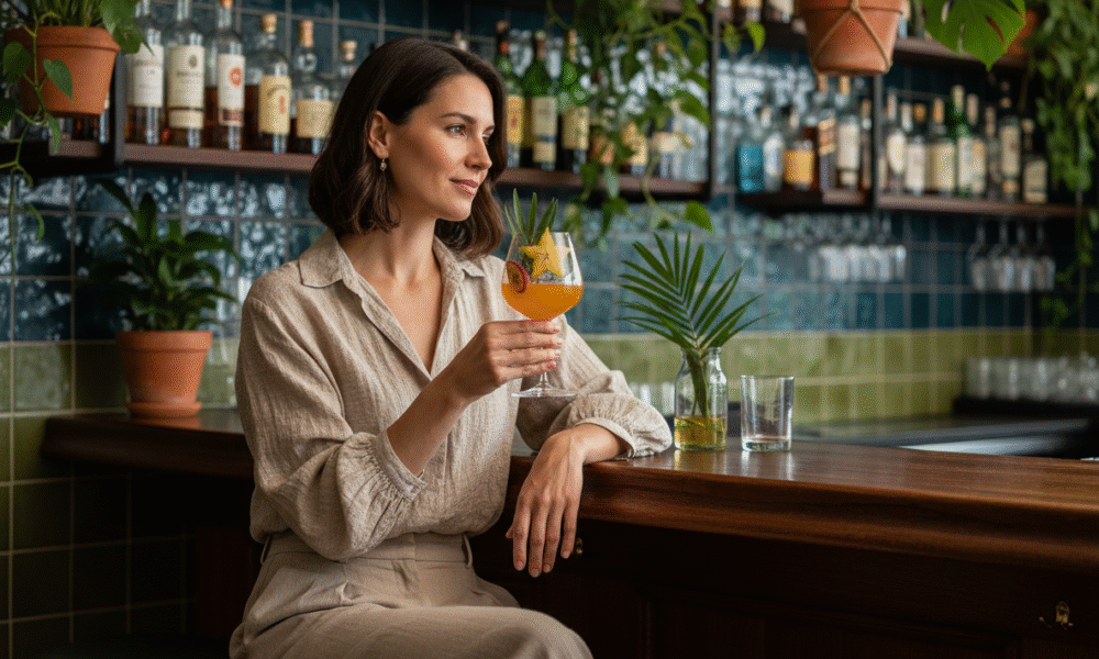 Femme élégante dégustant un spiritueux exotique dans un bar chic