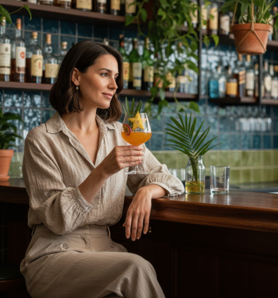 Femme élégante dégustant un spiritueux exotique dans un bar chic