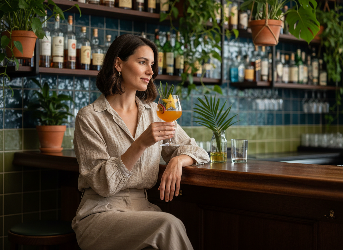 Femme élégante dégustant un spiritueux exotique dans un bar chic
