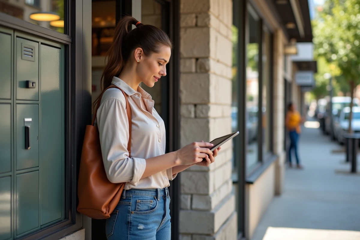 Femme entrepreneure inspectant un distributeur de livraison