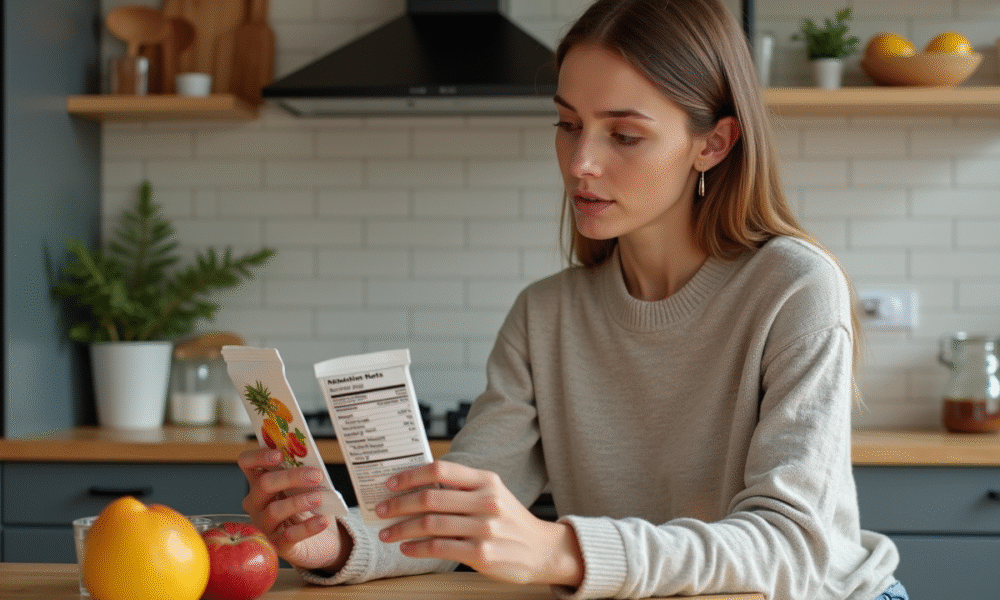 Jeune femme examine étiquettes nutritionnelles dans la cuisine