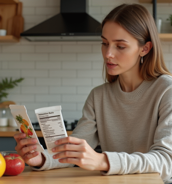 Jeune femme examine étiquettes nutritionnelles dans la cuisine