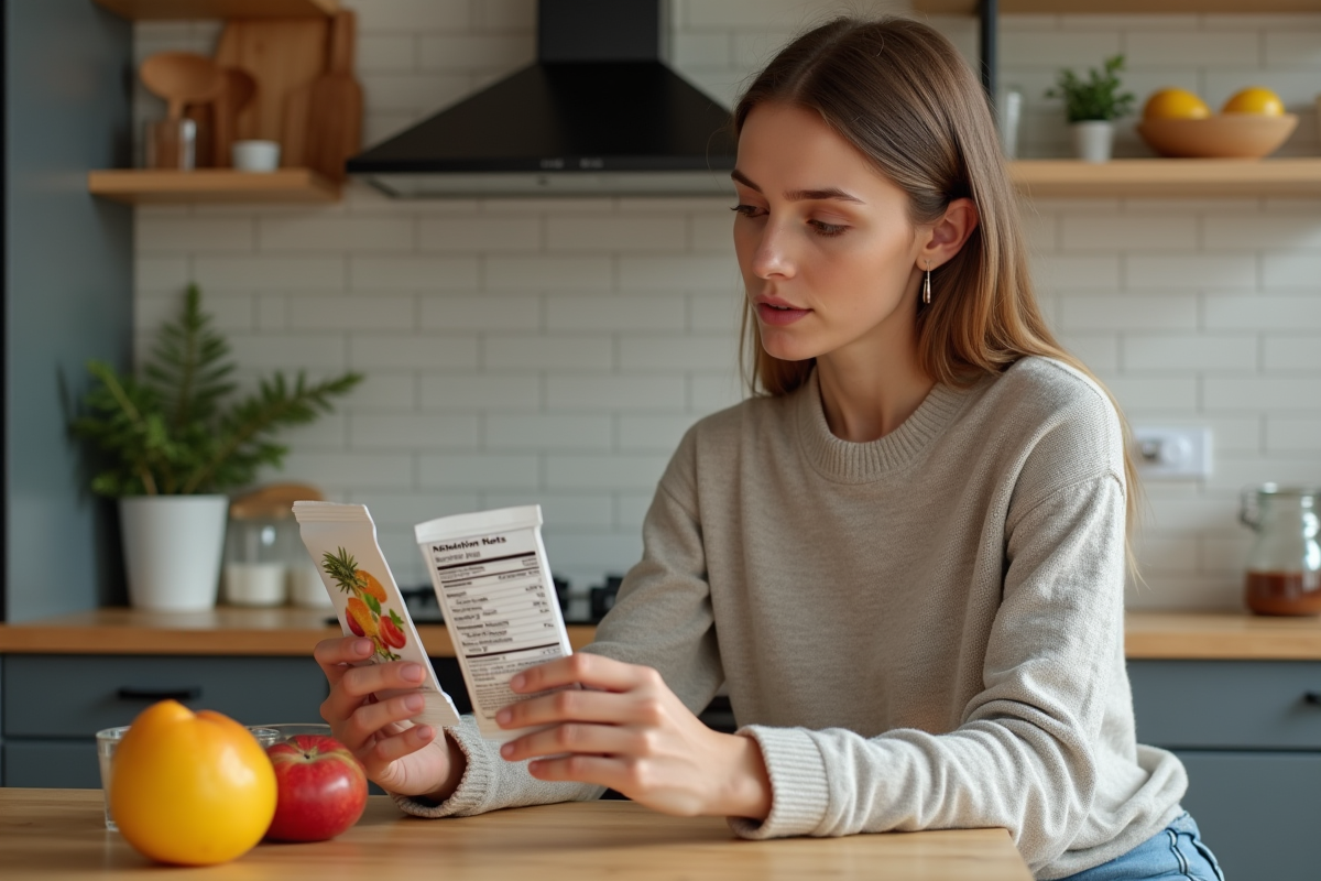 Jeune femme examine étiquettes nutritionnelles dans la cuisine