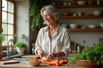 Femme en blouse en lin râpant des carottes en cuisine