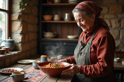 Femme hongroise âgée servant un goulash traditionnel dans une auberge