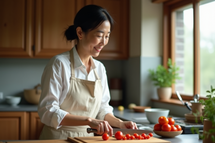 Femme japonaise coupant des tomates cerise avec un couteau japonais