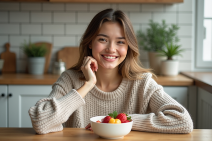 Jeune femme dégustant un bol de fruits et yogourt dans la cuisine