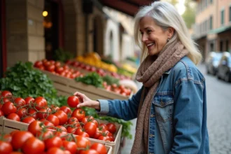 Femme souriante choisissant des tomates au marché en plein air