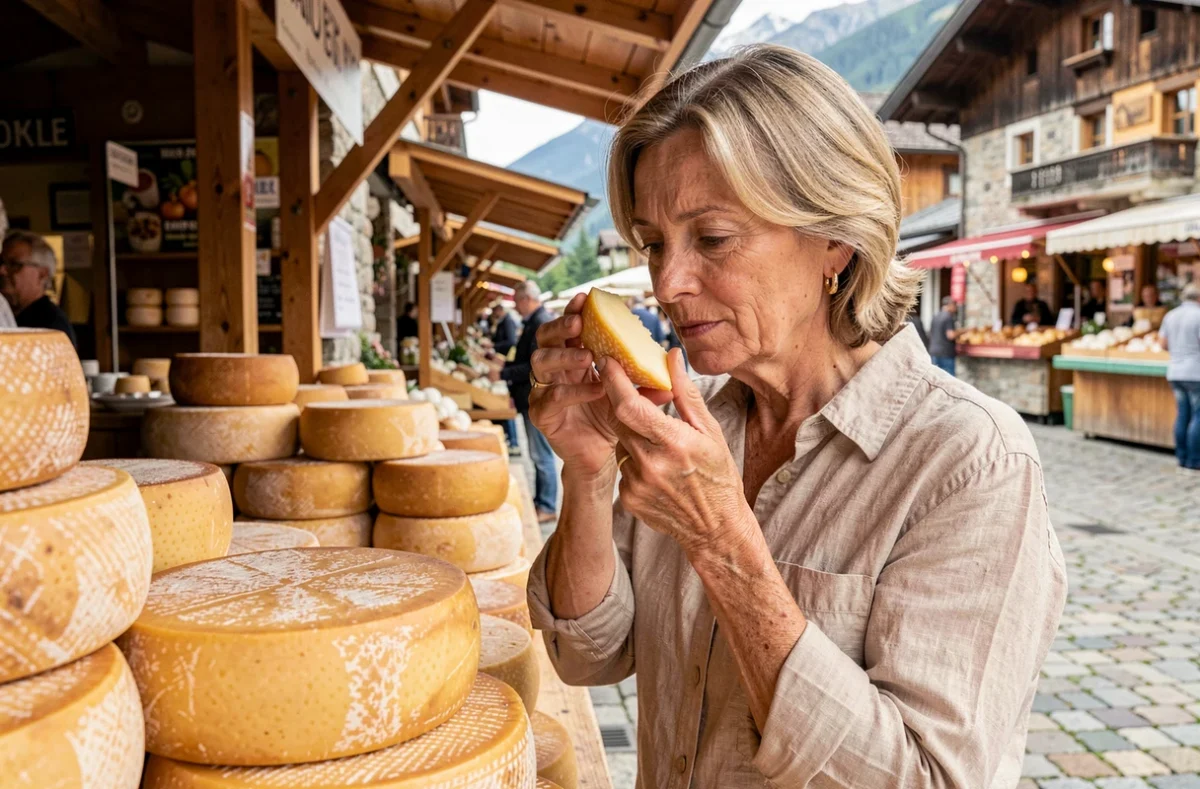 Femme examinant un morceau de fromage Beaufort sur un marché alpin traditionnel en Savoie