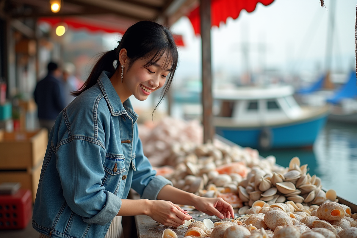 Jeune femme japonaise choisissant fruits de mer au marché portuaire